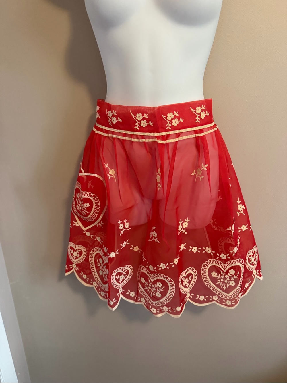 Vintage Sheer Red Heart Embroidered Apron Valentine Lingerie One Size